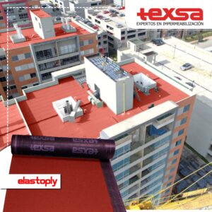 Manto asfáltico impermeabilizante Elastoply Texsa para impermeabilización de terrazas, cubiertas o techos con acabado mineral estético y decorativo