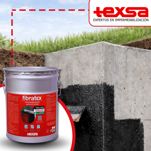 Aplicación de Fibratex, impermeabilizante asfáltico denso e inhibidor de raíces en muros enterrados y cimentaciones.