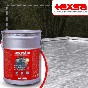 Cuñete de 16kg de Texsalum, pintura bituminosa de aluminio reflectiva aplicada sobre una cubierta para protección contra rayos UV y protección a mantos asfálticos