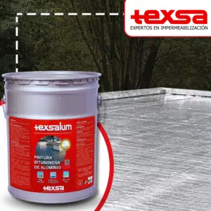 Cuñete de 16kg de Texsalum, pintura bituminosa de aluminio reflectiva aplicada sobre una cubierta para protección contra rayos UV y protección a mantos asfálticos