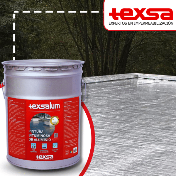 Cuñete de 16kg de Texsalum, pintura bituminosa de aluminio reflectiva aplicada sobre una cubierta para protección contra rayos UV y protección a mantos asfálticos