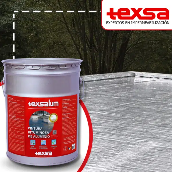 Cuñete de 16kg de Texsalum, pintura bituminosa de aluminio reflectiva aplicada sobre una cubierta para protección contra rayos UV y protección a mantos asfálticos