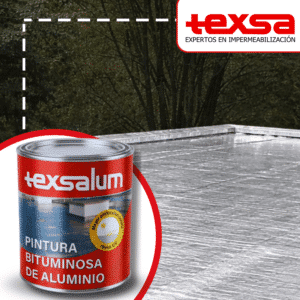 Envase de un galón de 3kg de Texsalum, pintura bituminosa de aluminio para protección reflectiva UV en techos y cubiertas.