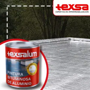 Envase de un galón de 3kg de Texsalum, pintura bituminosa de aluminio para protección reflectiva UV en techos y cubiertas.